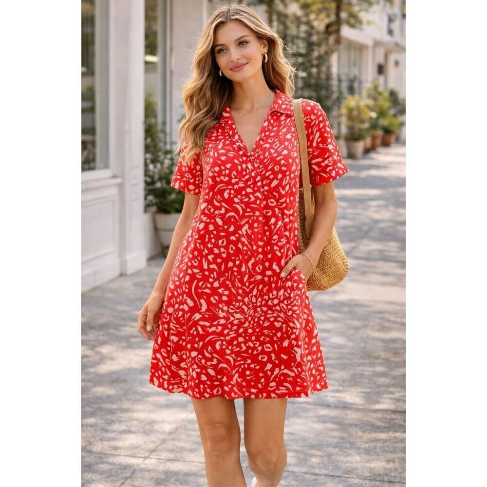 Coral Red Abstract Print Shift Dress Relaxed V Neck Summer Brunch Size Small